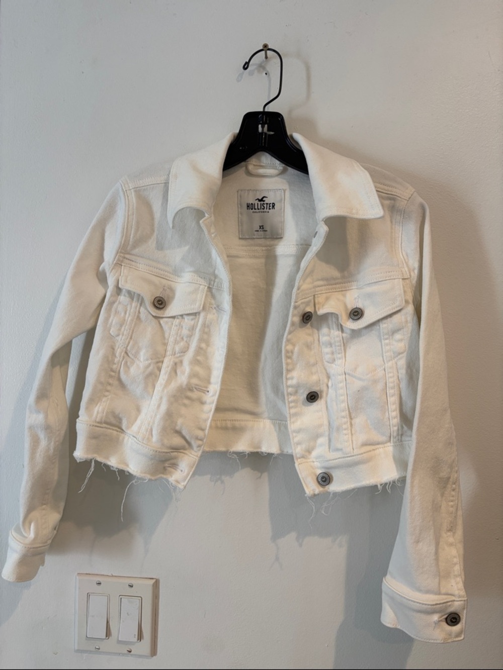 Hollister White Cropped Denim Jacket with Raw Hem